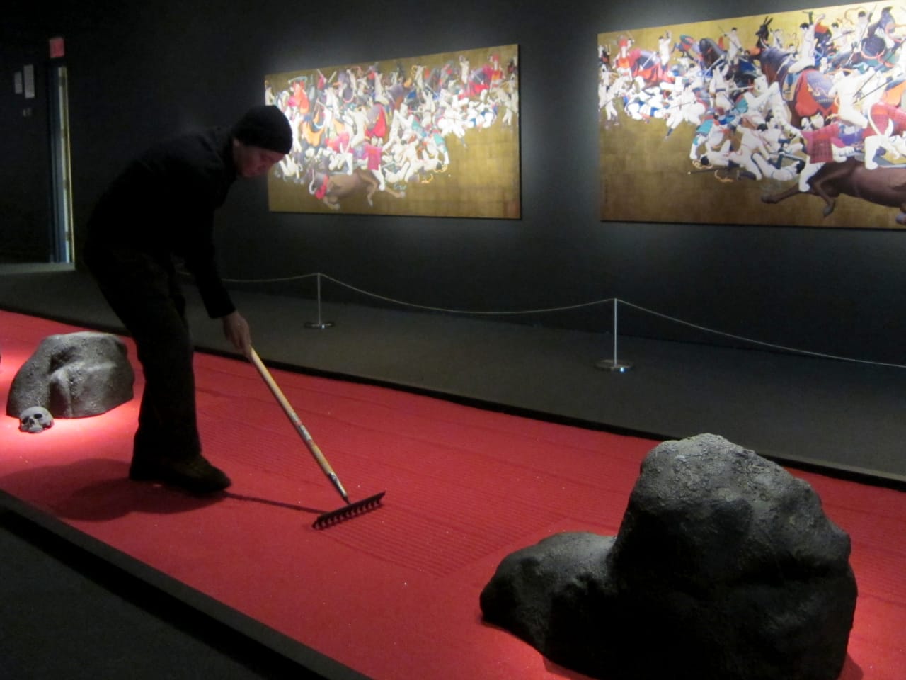 Hisashi Tenmyouya, (b. 1966), Rhyme, 2012. Acrylic paint, gold leaf on wood; inkjet print on paper, mounted on wood; each 49 7/8 x 118 1/8 in. Chazen Museum of Art, University of Wisconsin-Madison, Colonel Rex W. & Maxine Schuster Radsch Endowment Fund purchase, 2013.23.1-.2a-b. Fiberglass reinforced polyester, calcium carbonate; variable dimensions. Chazen Museum of Art, University of Wisconsin-Madison, John H. Van Vleck Endowment Fund purchase, 2013.23.3a-g.