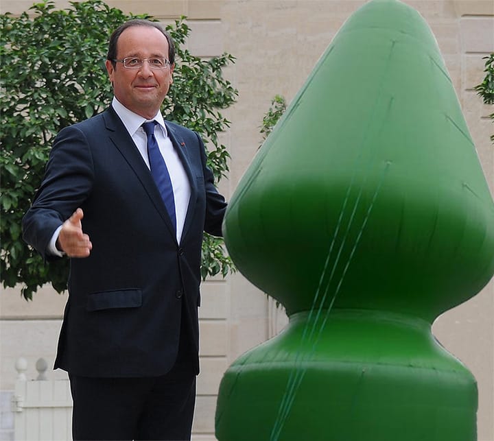 François Hollande and Paul McCarthy's "Tree" sculpture (illustration by the author for Hyperallergic; Holland photo via Wikimedia Commons)