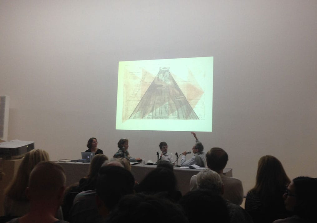 Susan Howe discussing a page of the book 'TOM TIT TOT.' Other sitters (from left): Jenny Tobias, May Castleberry, R. H. Quaytman.