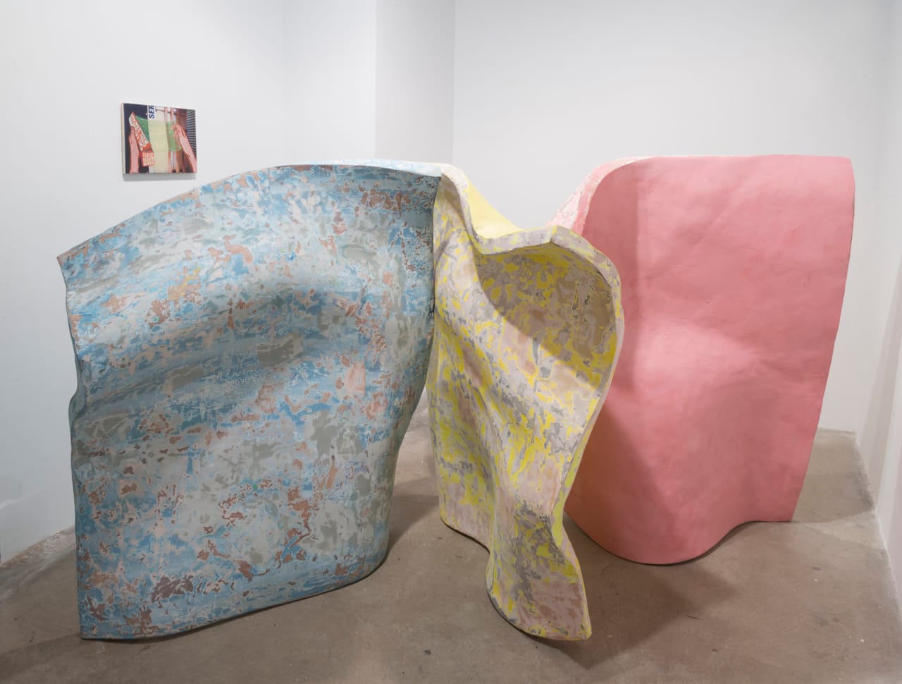 Ezra Johnson, "Der, Die, Das Installation Shot" (2014), polystyrene, resin, bondo, enamel, 62 x 60 x 72 in, with "Ser" (2011), oil on canvas in the back left