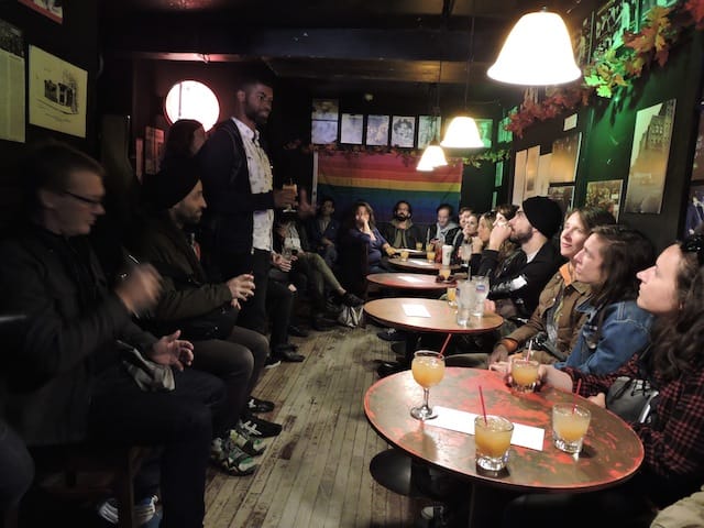 At various points, the leader would approach what appeared to be a random gay man on the street and start conversing with him. It would then become apparent he had been waiting for us and had a story to share about his favorite spot in the village. Josh McPhereson found acceptance as a gay black teenager on the piers in the 2000s. Jim Fouratt who was there the night of the famous 1969 stonewall riot vividly described that legendary night and bars long gone that once defined the village. Sur Rodney Sur concluded the tour with a story about the controversial reception of the white George Segul statues "Gay Liberation" (1992) in Sheridan square. 