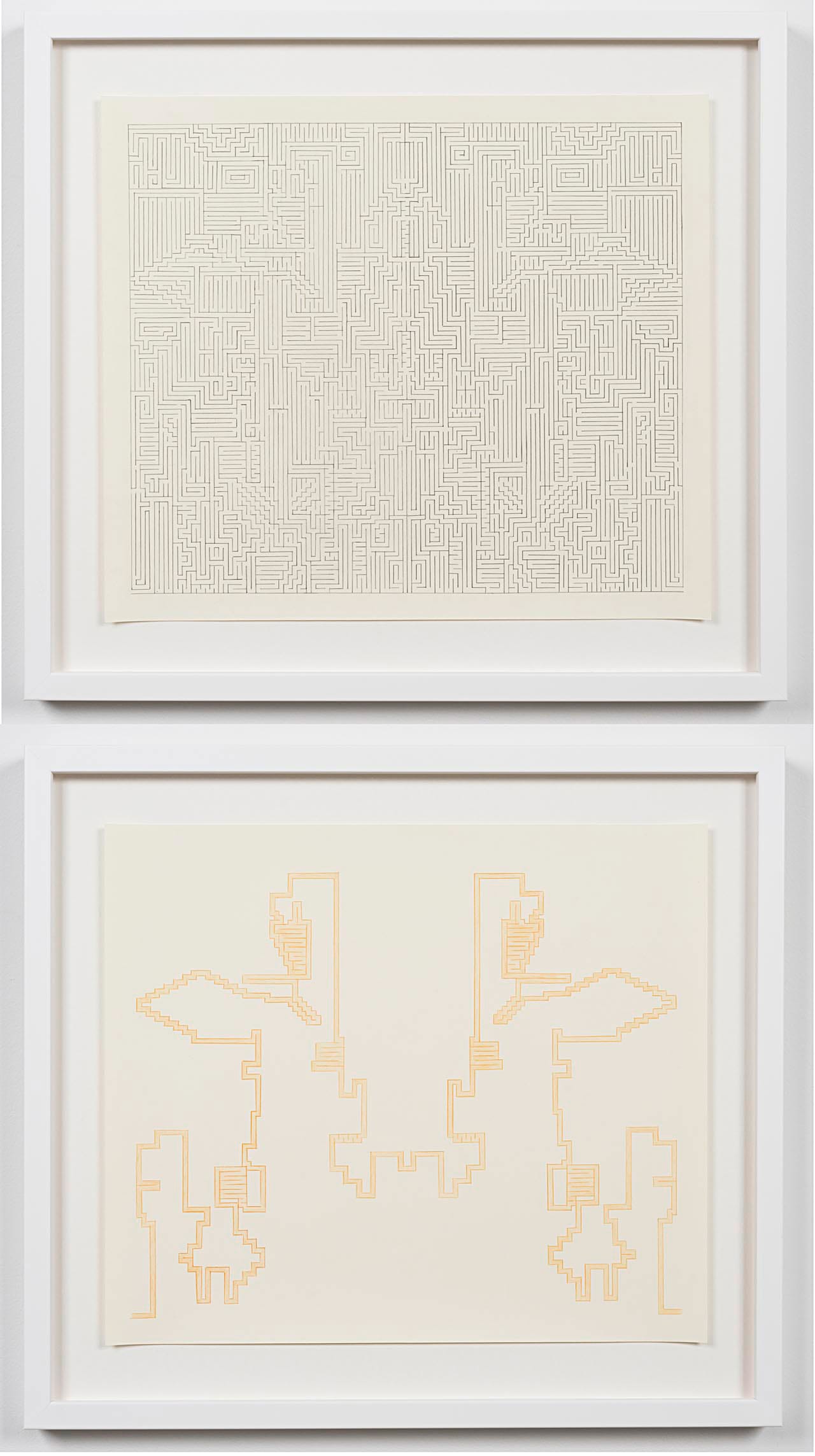 Lilli Carré, “Solution Drawing (no. 1)” (2014), maze: pencil on paper, solution: colored pencil on paper, 14 x 16 ½ inches, each drawing, 18 x 20 inches, each frame (click to enlarge)