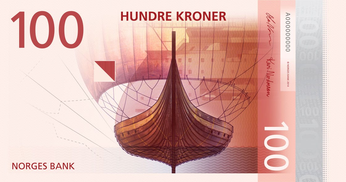 The front of the new Norwegian 100 kroner bill, designed by The Metric System and Terje Tønnessen