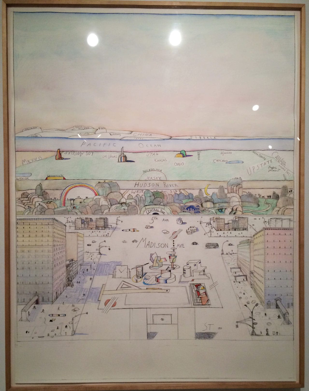 Saul Steinberg, "Looking West" (1986), crayon, graphite, and watercolor on paper, 70" x 53-1/2" (click to enlarge)