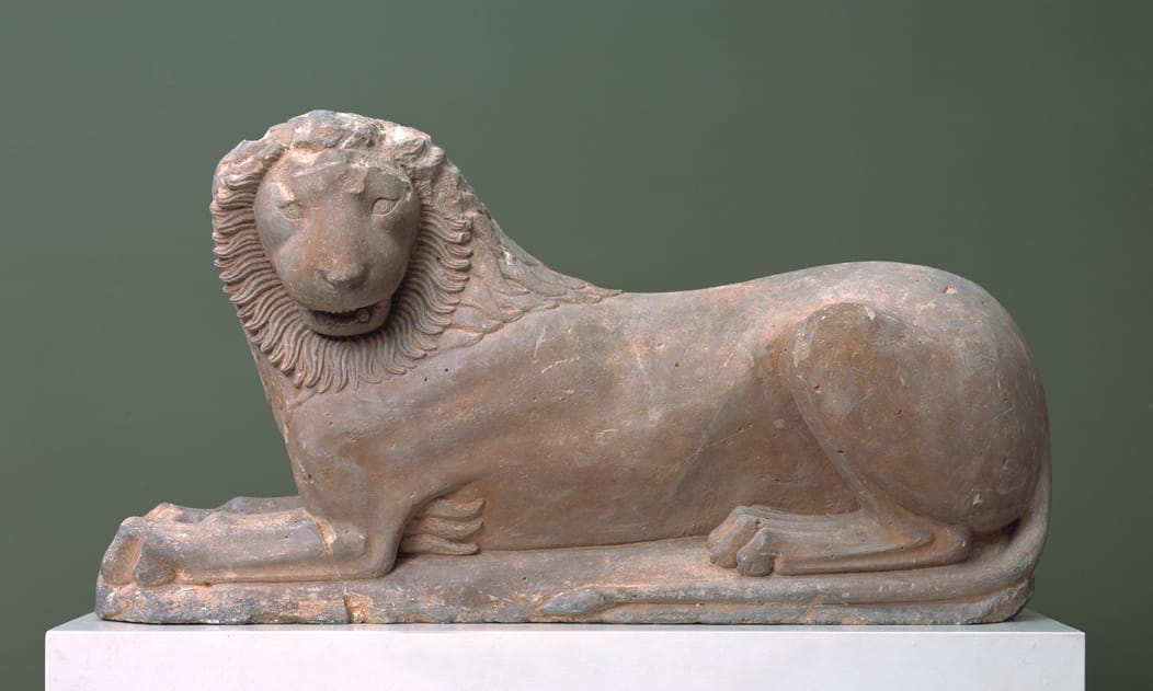 "Lion from Loutraki," Greece (c. 570-560 BCE), limestone, h: 53 cm, l: 100 cm, Ny Carlsberg Glyptotek