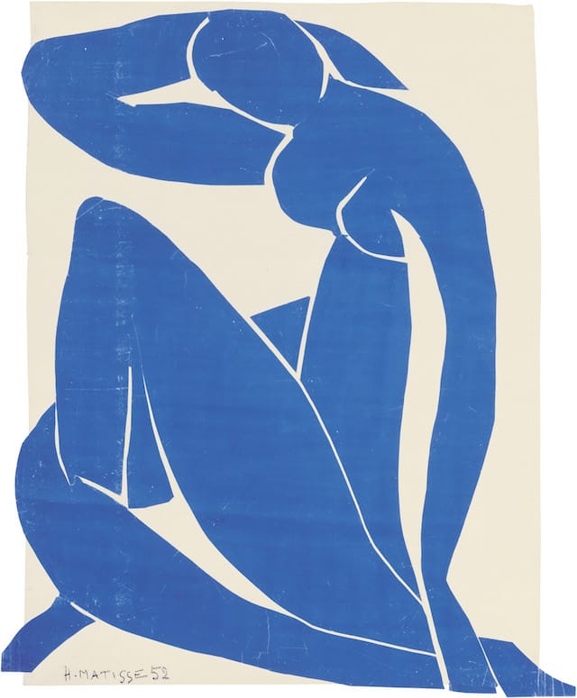 Henri Matisse, "Blue Nude II (Nu bleu II)" (spring 1952). Gouache on paper, cut and pasted, on white paper, mounted on canvas. 45 ¾ x 35 inches. Musée national d’art moderne/Centre de création industrielle, Centre Georges Pompidou, Paris. Purchase, 1984. © 2014 Succession H. Matisse / Artists Rights Society (ARS), New York.