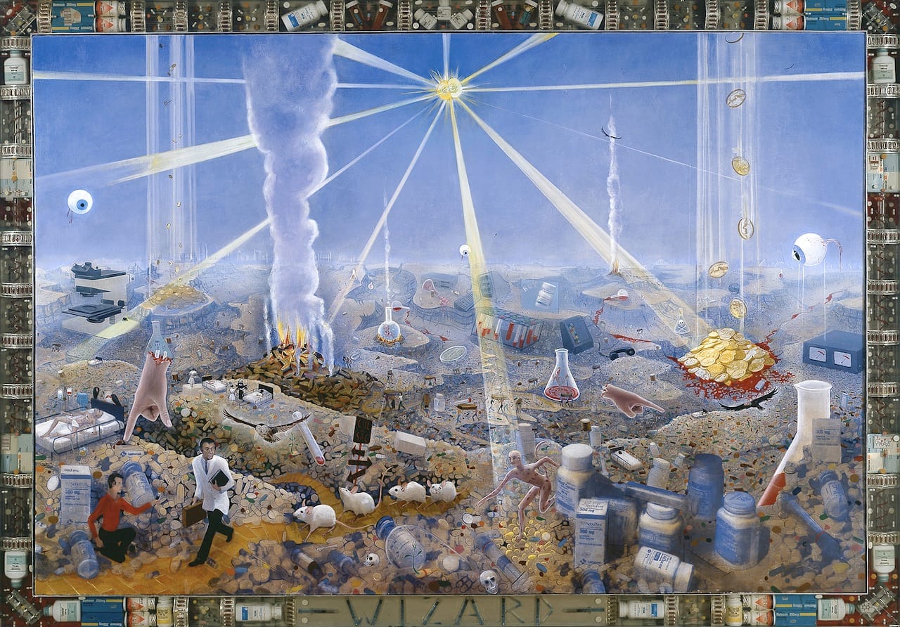 Frank Moore Wizard, 1994 oil on canvas with pharmaceuticals cast in lucite in aluminum frame 68 x 95 1/2 in. (172.7 x 242.6 cm)  SW 94116