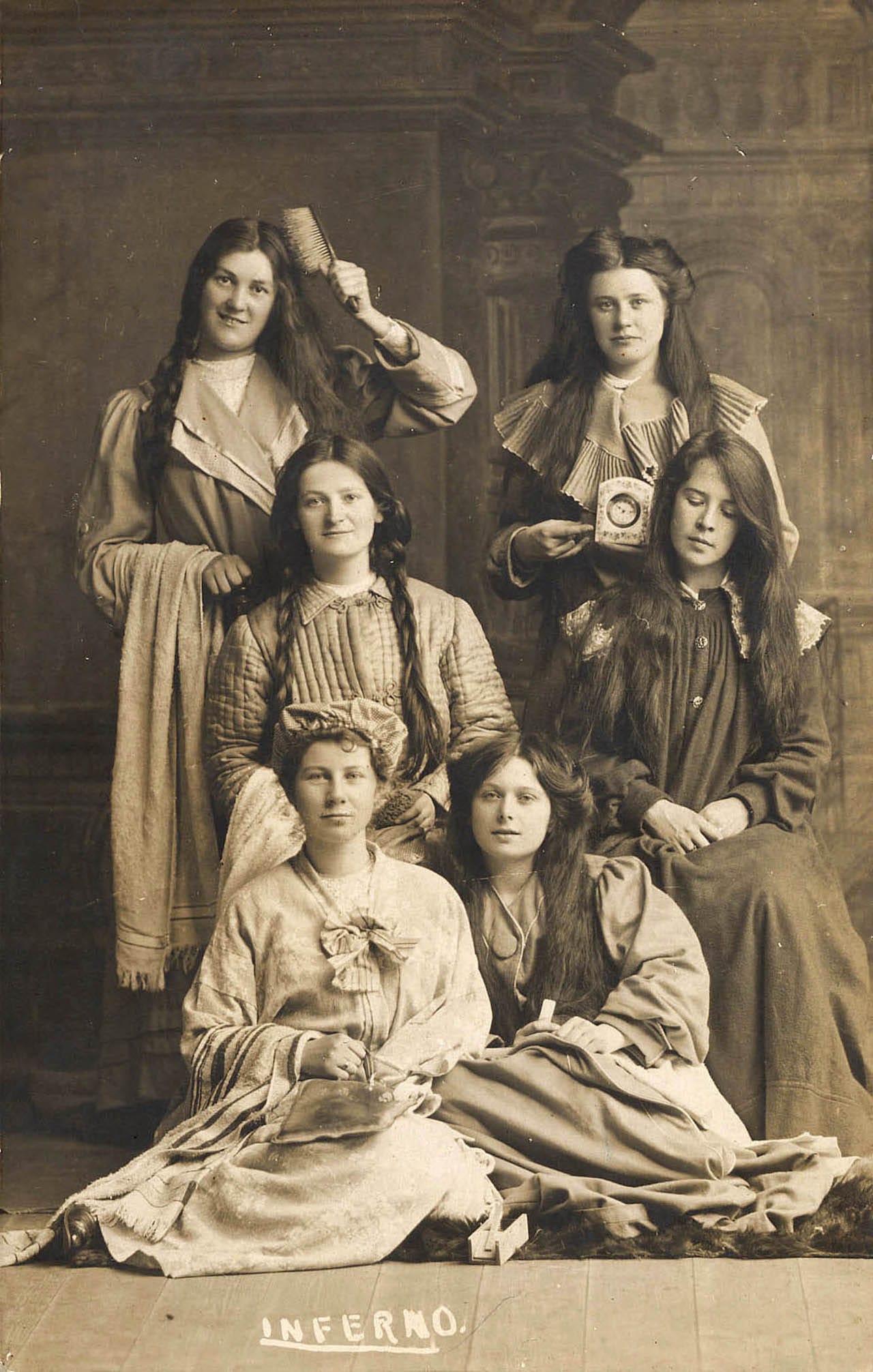 Portrait of ladies with a clock & hairbrush