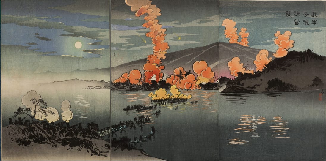 This print by Kobayashi Kiyochika, part of the album published by Daikokuya Heikichi in 1895, depicts the Japanese army attacking the Chinese camp.