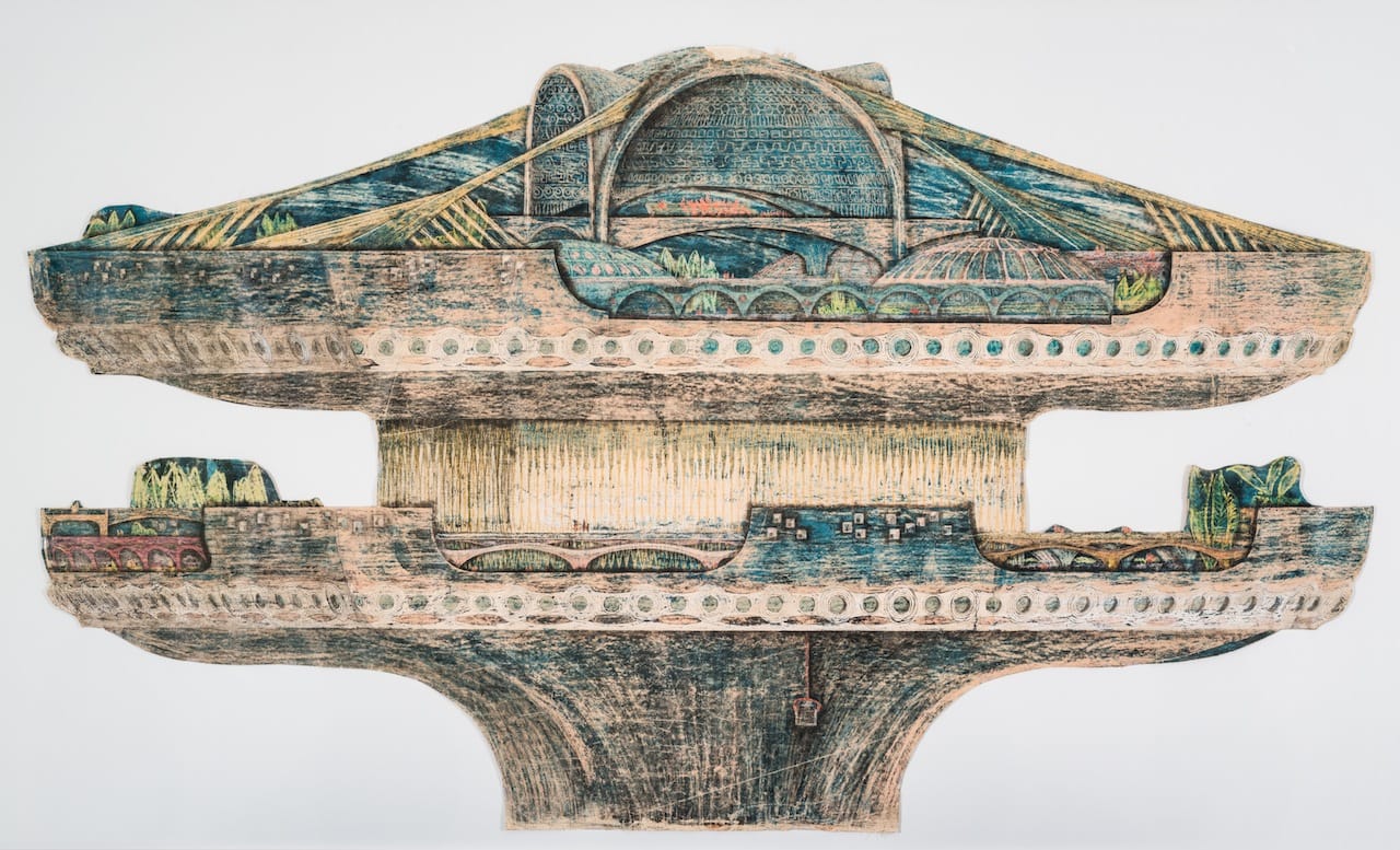 Paolo Soleri MACRO COSANTI TOWER 1964 Colored crayon, pencil, china ink on gauze backed paper Courtesy of the Cosanti Foundation