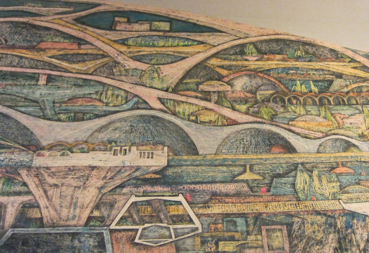 Paolo Soleri, "Macro Cosanti Bowl" (1964), colored crayon, pencil, china ink on gauze, backed paper (photograph by the author for Hyperallergic)