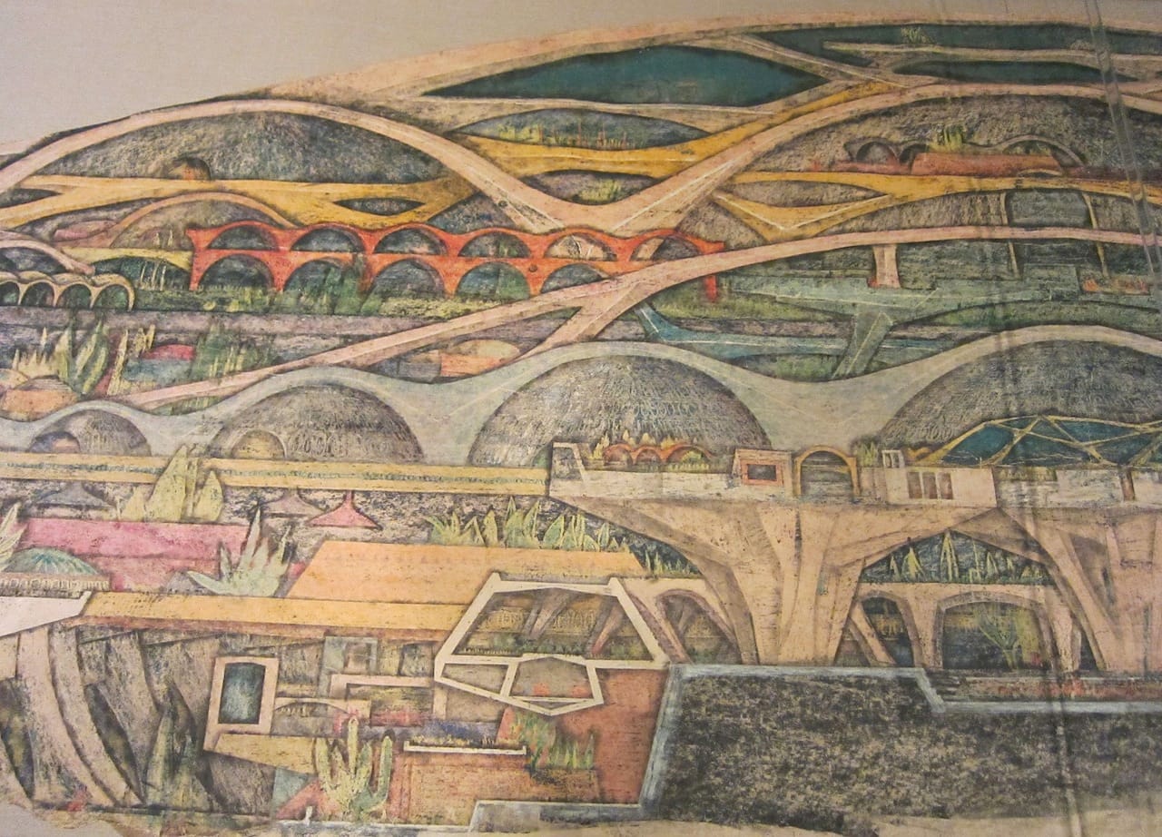 Paolo Soleri, "Macro Cosanti Bowl" (1964), colored crayon, pencil, china ink on gauze, backed paper (photograph by the author for Hyperallergic)