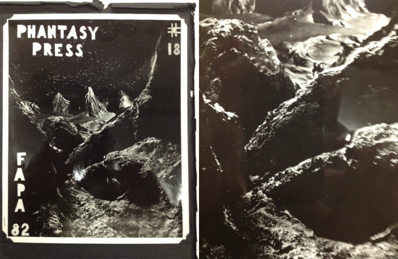 Phantasy Press zine with a photographic print of a space diorama from the Hevelin Collection (courtesy of UI Libraries and Special Collections)
