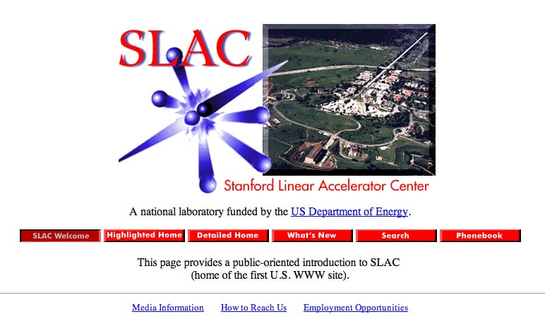 The SLAC homepage in 1996, announcing itself as "home of the first U.S. WWW site" (screenshot by the author for Hyperallergic)
