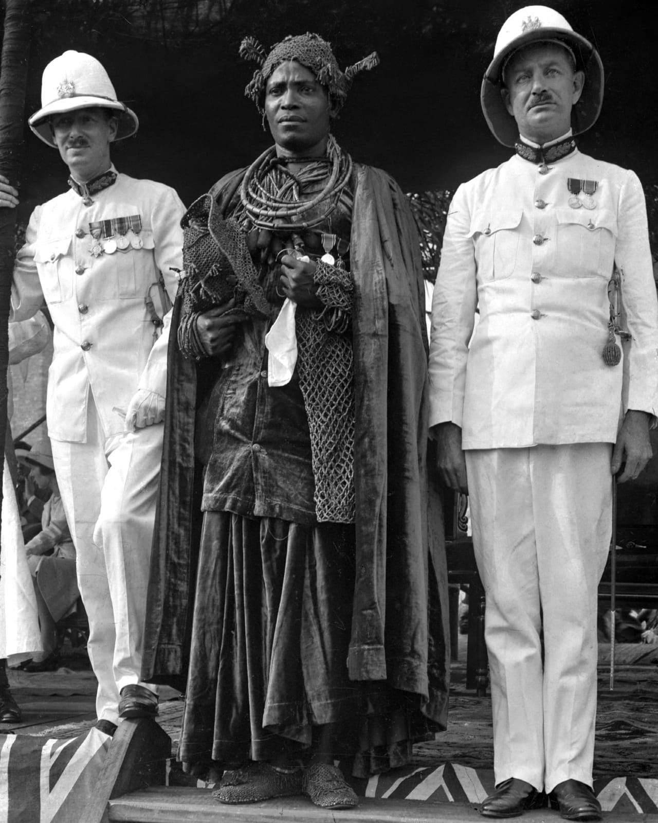 Oba Akenzua II, c. 1937 [Matphson/Matthieson - colonial on left], Chief S.O. Alonge: Photographer to the Royal Court of Benin, Nigeria