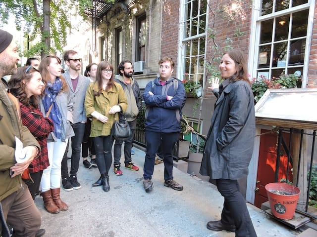 Sarah Schulman speaks to a group, "Favorites" Walk, organized by Elastic City (2014) (photo by author)