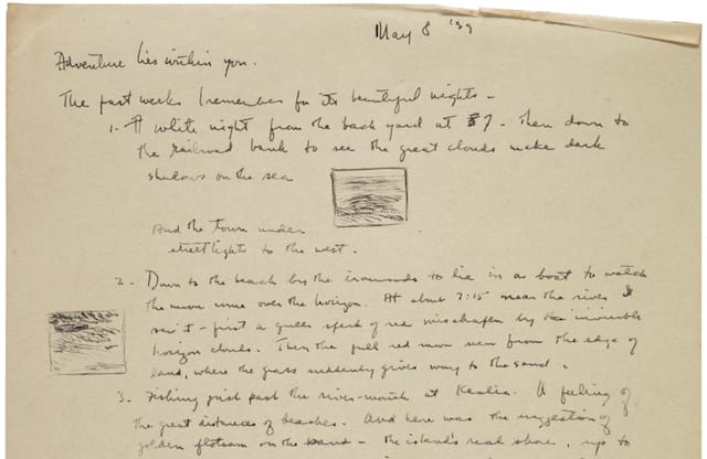 A May 8, 1939 diary entry by Reuben Tam describing several evenings spent fishing and exploring Hawaiian beaches. (Image courtesy of the Archives of American Art)