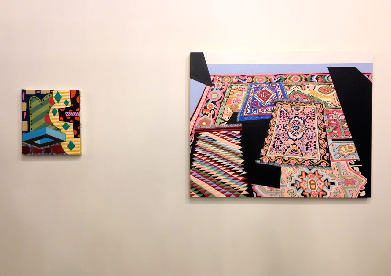 AndrewSmall, "Attraction, Subtraction" (2013), oil on canvas, 14”x 12” and Sara Jones, "Honest Misrepresentations" (2014), acrylic on panel,32” x 40”