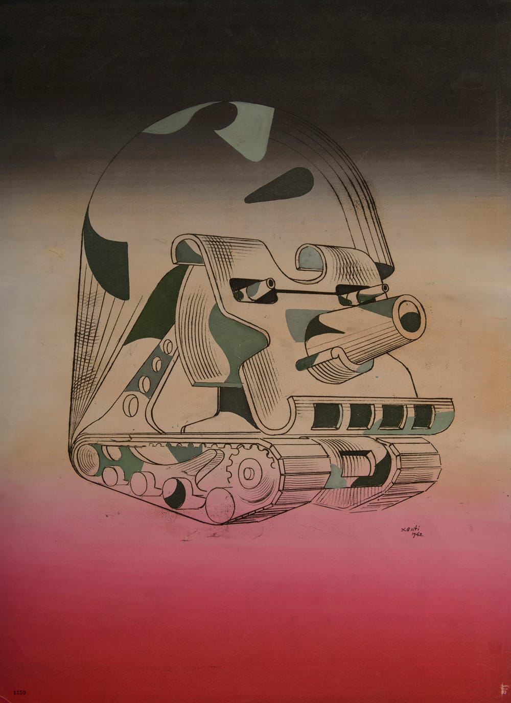 Xanti Schawinsky, "The Warrior (Faces of War)" (1942), mixed media, watercolor and black pen on paper, 29 x 21 3/8 inches (73.7 X 54.2 cm) (All works courtesy of and copyright the Xanti Schawinsky Estate, unless otherwise noted)