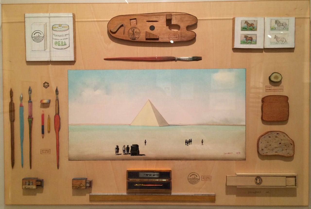 Saul Steinberg, "The Pyramid Table" (1974–82), mixed media collage on wood, 13-1/2" x 47-1/4" x 2"