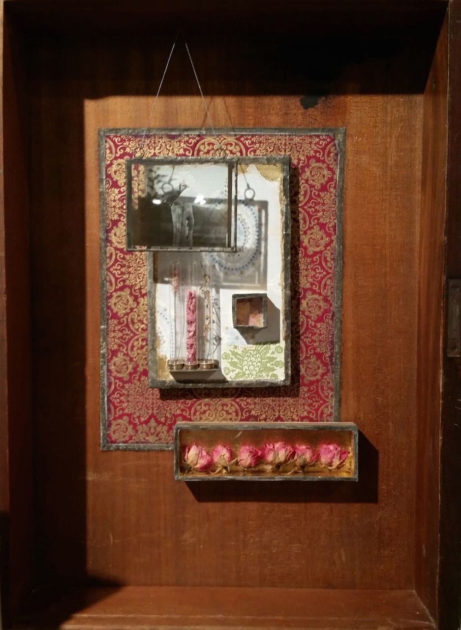 Lisa Limas, "Winding Roar," box, glass, seeds, collage