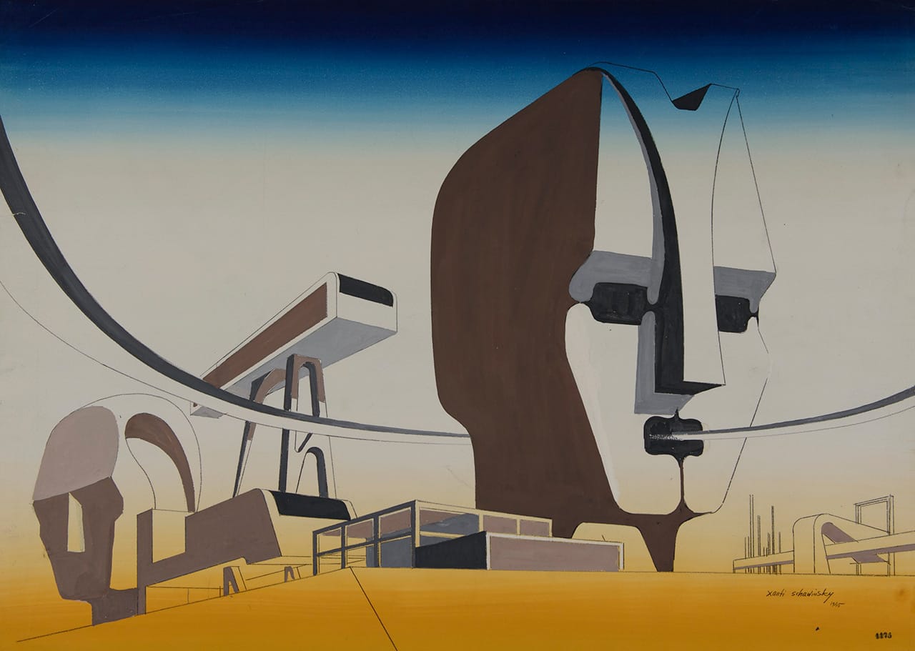 Xanti Schawinsky, "Architectural Design" (1945), mixed media, watercolor and black pen on paper, 20 3/4 x 28 7/8 inches (52.7 X 73.4 cm)