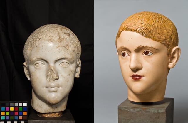 "Young Roman," 3rd century CE, marble, h: 0.26m, Ny Carlsberg Glyptotek, alongside its reconstruction