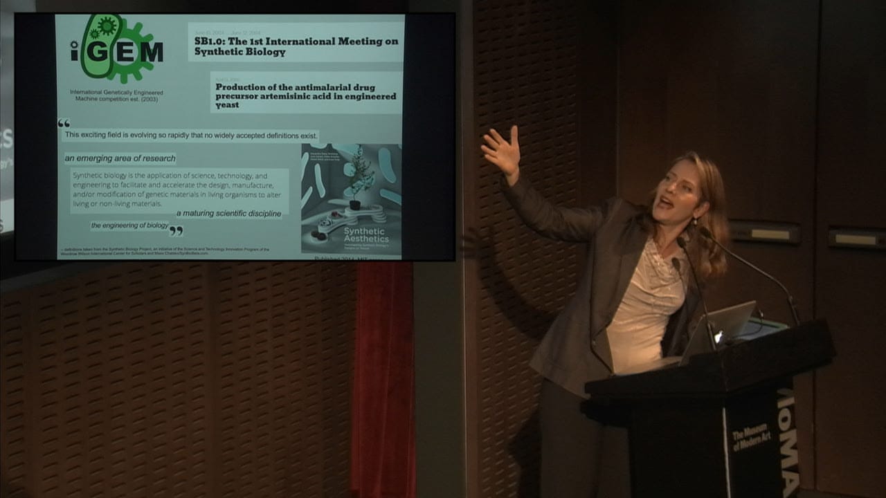 Paola Antonelli at the Museum of Modern Art's panel on synthetic biology and design, "Synthetic Aesthetics: New Frontiers in Contemporary Design," convened by senior curator Paola Antonelli, October 28, 2014 (image courtesy the Museum of Modern Art) (click to enlarge)