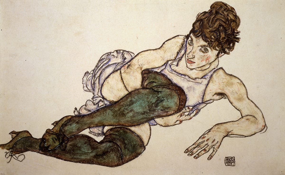 Egon Schiele, "Reclining Woman with Green Stockings" (1917), gouache and black crayon on paper (Private Collection, Courtesy Galerie St. Etienne, New York)