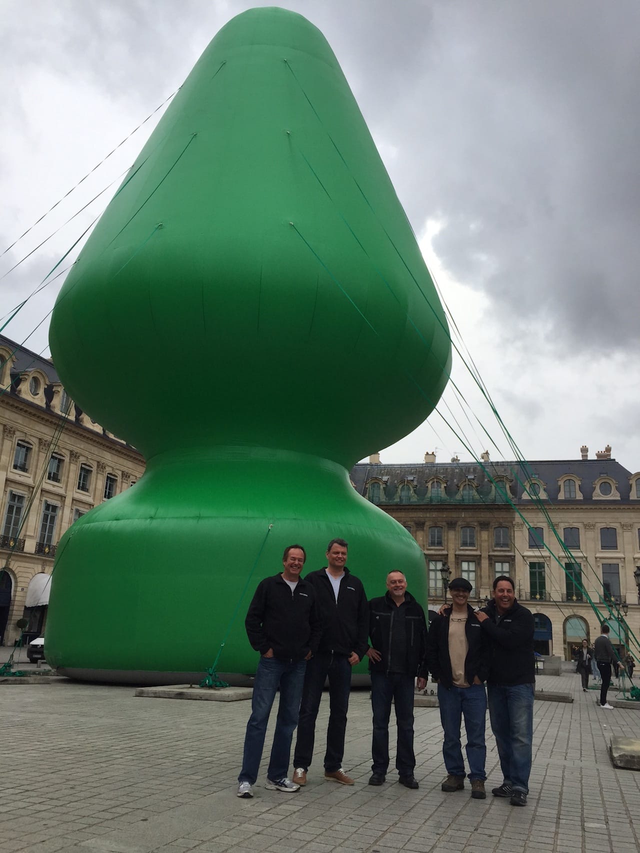 The Team: “I am the little guy all the way on the right,” says Greg Favish, “Mark [Bachman] is the taller guy all the way on the left.” The tree on the Place Vendome was, Bachman says, “a teaser” — in a sense, an advertisement — for 'Chocolate Factory',' an installation created by McCarthy for the grand re-opening of la Monnaie de Paris’ at FIAC. Photo courtesy of Bigger Than Life