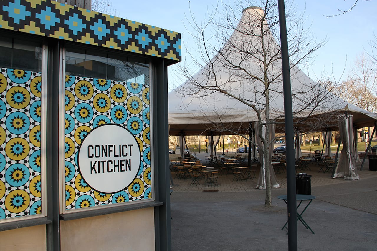 The Conflict Kitchen stand and an adjacent tent set up nearby to host events