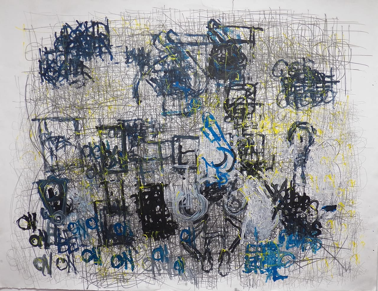 Dan Miller "Untitled (blue 'ON' and yellow with graphite)" (2011), acrylic and graphite on paper (all images courtesy Ricco Maresca Gallery)
