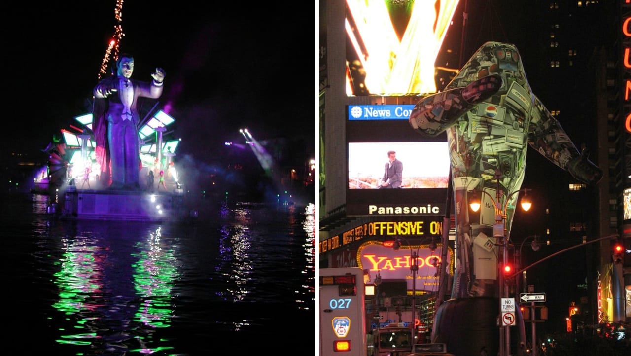 Dracula, located at Universal Parks, Japan is 35 feet tall. The 75 foot Pepsi Monster was created for the Super Bowl and stalked New York's Times Square at 75ft High