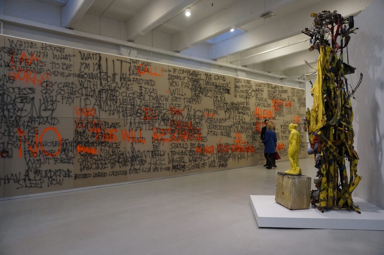 Work by Stefan Brüggermann, with Parra & Romero, along the back wall, and by Thornton Dial, with Andrew Edlin Gallery, on the right