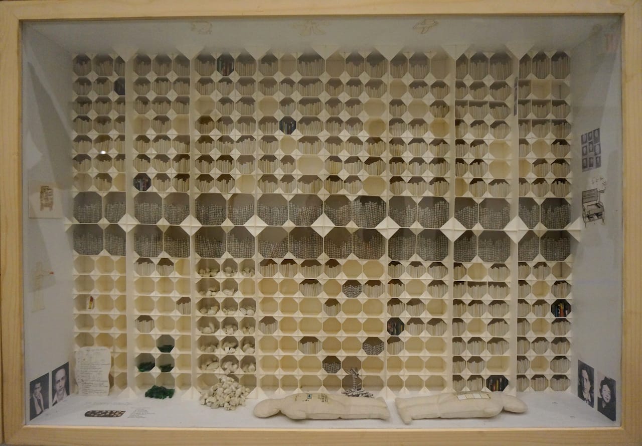 Detail of Gianfranco Baruchello's "La Grande Biblioteca" (1976), at Massimo De Carlo