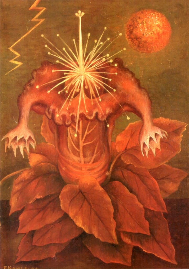 Frida Kahlo, "Flower of Life (Flame Flower)" (1943), oil on masonite, 27.8 x 19.7 cm (via wikiart.org)