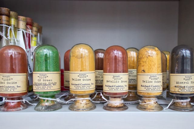 The pigments in the collection come from all over the world, and some are stored in their original delicate glass containers. Photo: Zak Jensen.