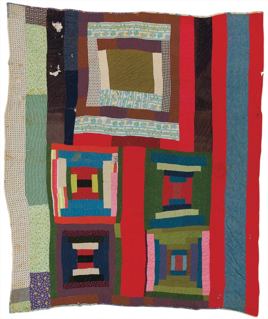Lucy T. Pettway, "'Housetop and 'Bricklayer' blocks with bars" (circa 1955), cotton, corduroy, cotton knit, flannel, even weave