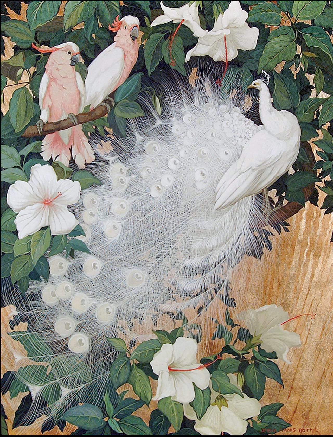 "Albino Peacock and Two Cockatoo," (c. 1930) by Jesse Arms Botke (Collection of Deborah E. Maloy)