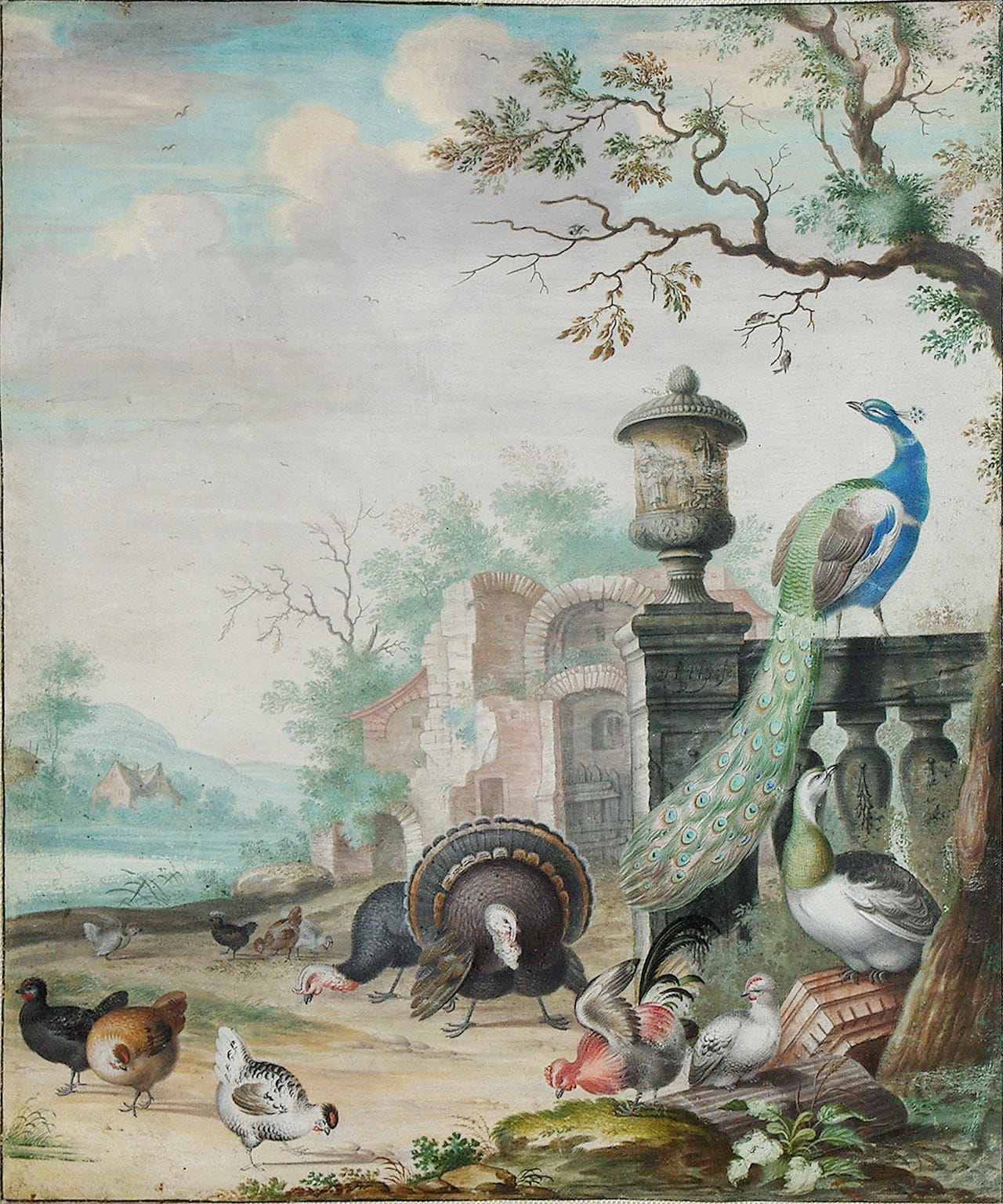 "A Peacock, a Parrot and other exotic birds in a park landscape," (1694) by Herman Henstenburgh (Courtesy of Arader Galleries, Philadelphia, Pennsylvania)