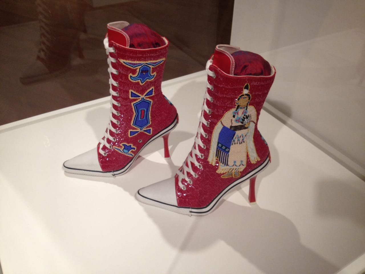 Teri Greeves, "Abstraction: Kiowa by Design" (2014), beads on canvas high-heeled sneakers, 11.5 x 10 x 4in