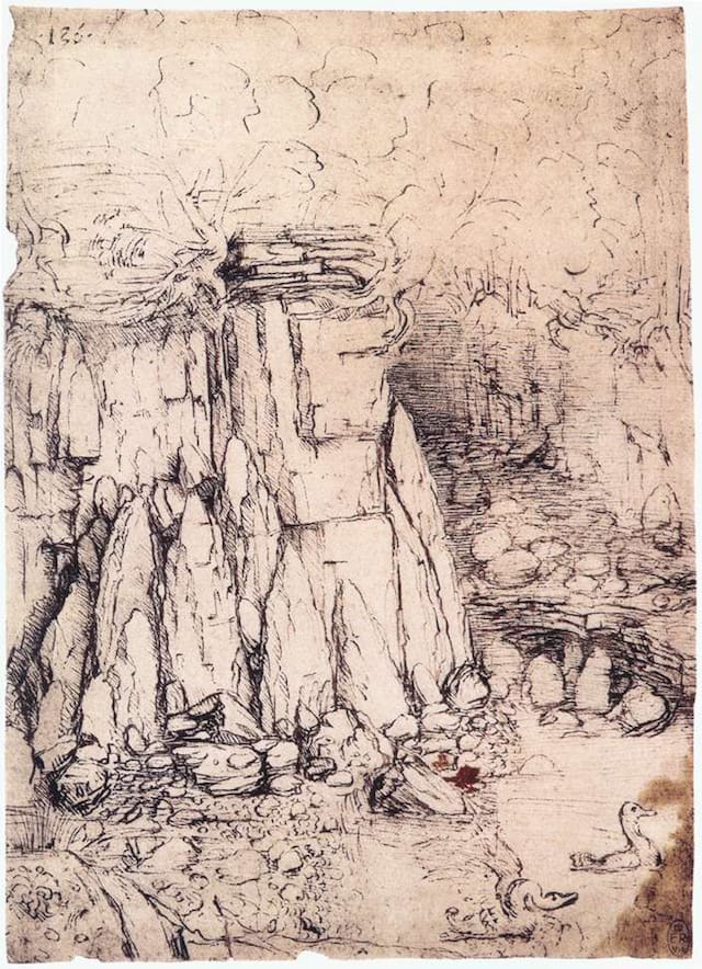 Leonardo da Vinci, "Cavern with ducks" (1482-85). Pen and ink on paper, 220 x 158 mm. Royal Library, Windsor. (Image via Web Gallery of Art)