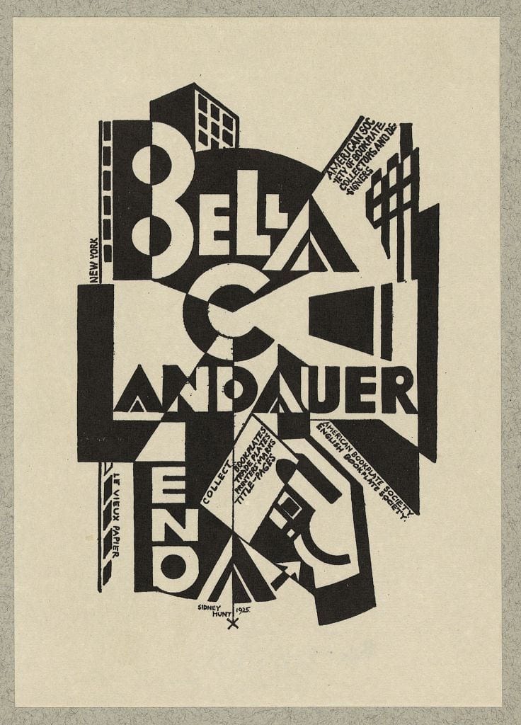 Bookplate of Bella C. Landauer with "Lend a hand" motto, linocut designed by Sidney Hunt (via Library of Congress, Prints and Photographs Division)