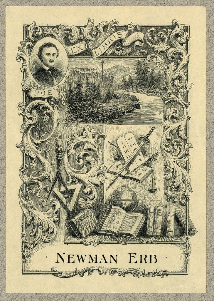 Bookplate of Newman Erb, railroad executive, etching (via Library of Congress, Prints and Photographs Division)