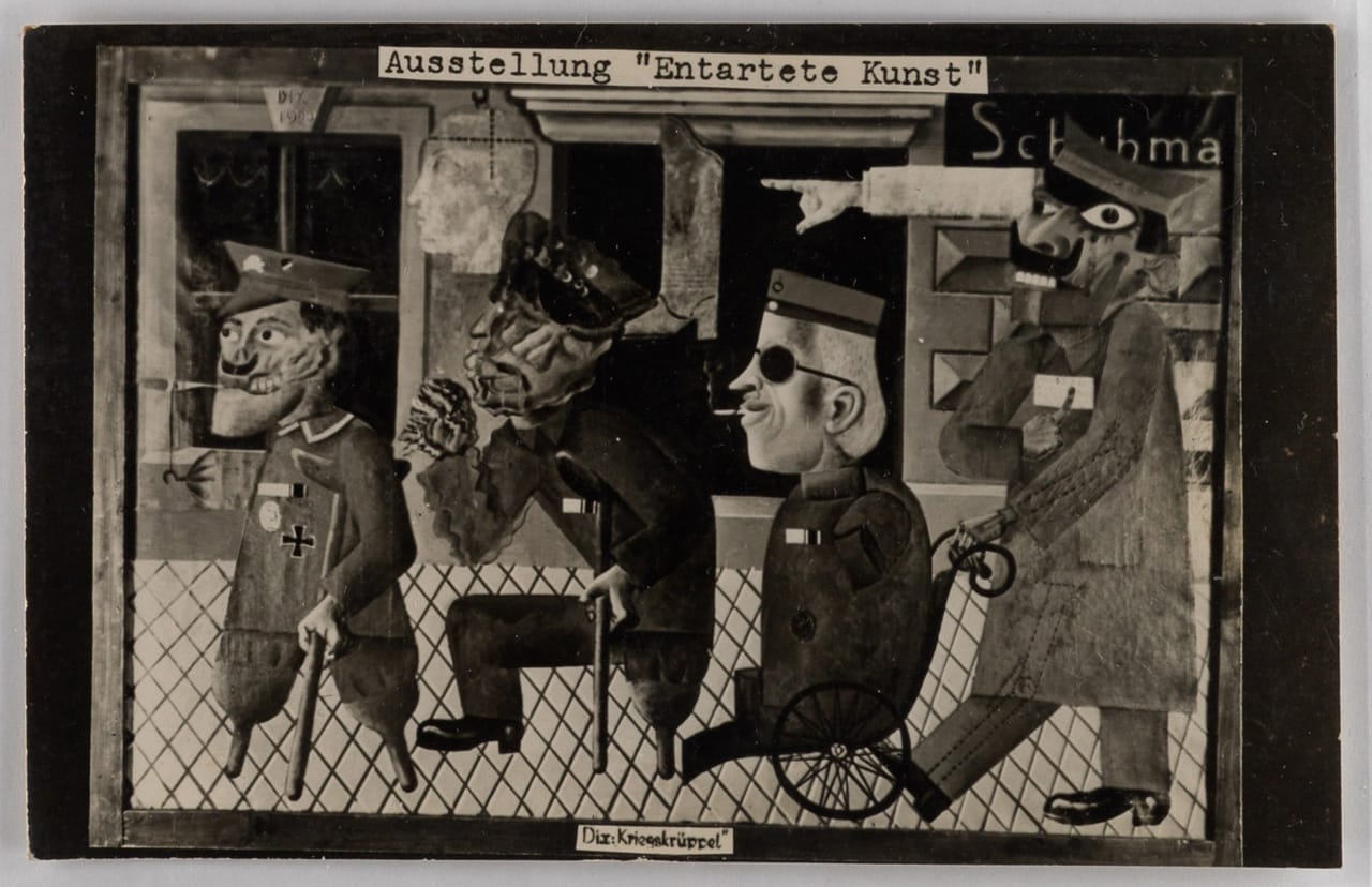 'Entarte Kunst' Berlin exhibition postcard, showing a painting entitled "Kriegskruerrel," which is uncredited according to Swann, but seems to say Dix, presumably for Otto. (courtesy Swann Auction Galleries)