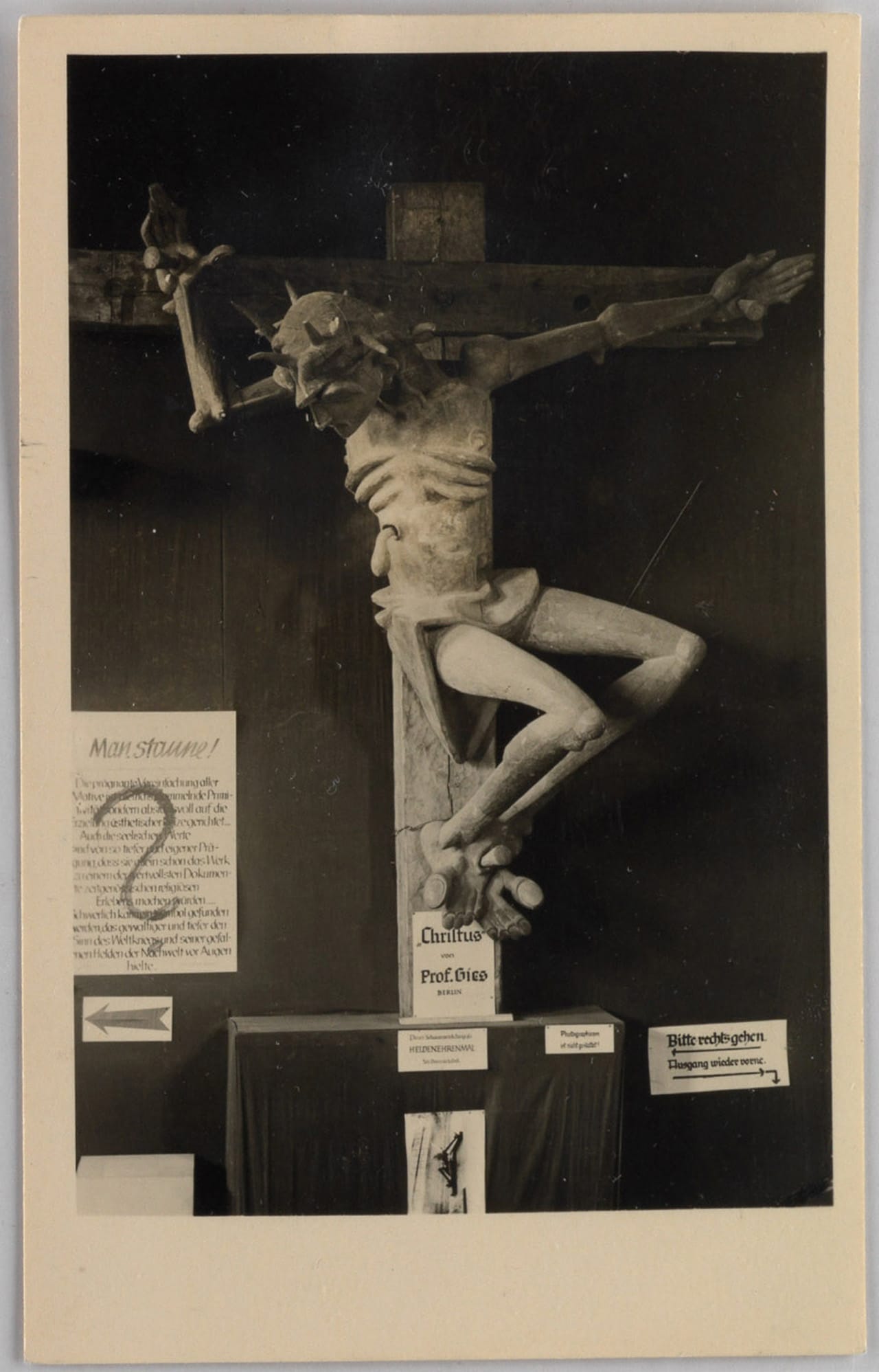 'Entarte Kunst' Berlin exhibition postcard, showing a modernist sculpture of Jesus Christ by Prof. Gies 