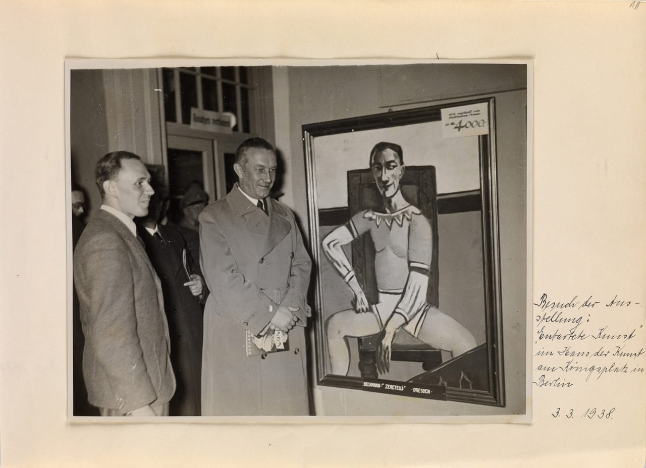 Photograph of Julius Lippert, the state commissioner of Berlin, at the 'Entarte Kunst' show's opening on March 3, 1938, ferrotyped silver print, 5 1/4x7 1/4 inc (13.3x18.4 cm) (courtesy Swann Auction Galleries)