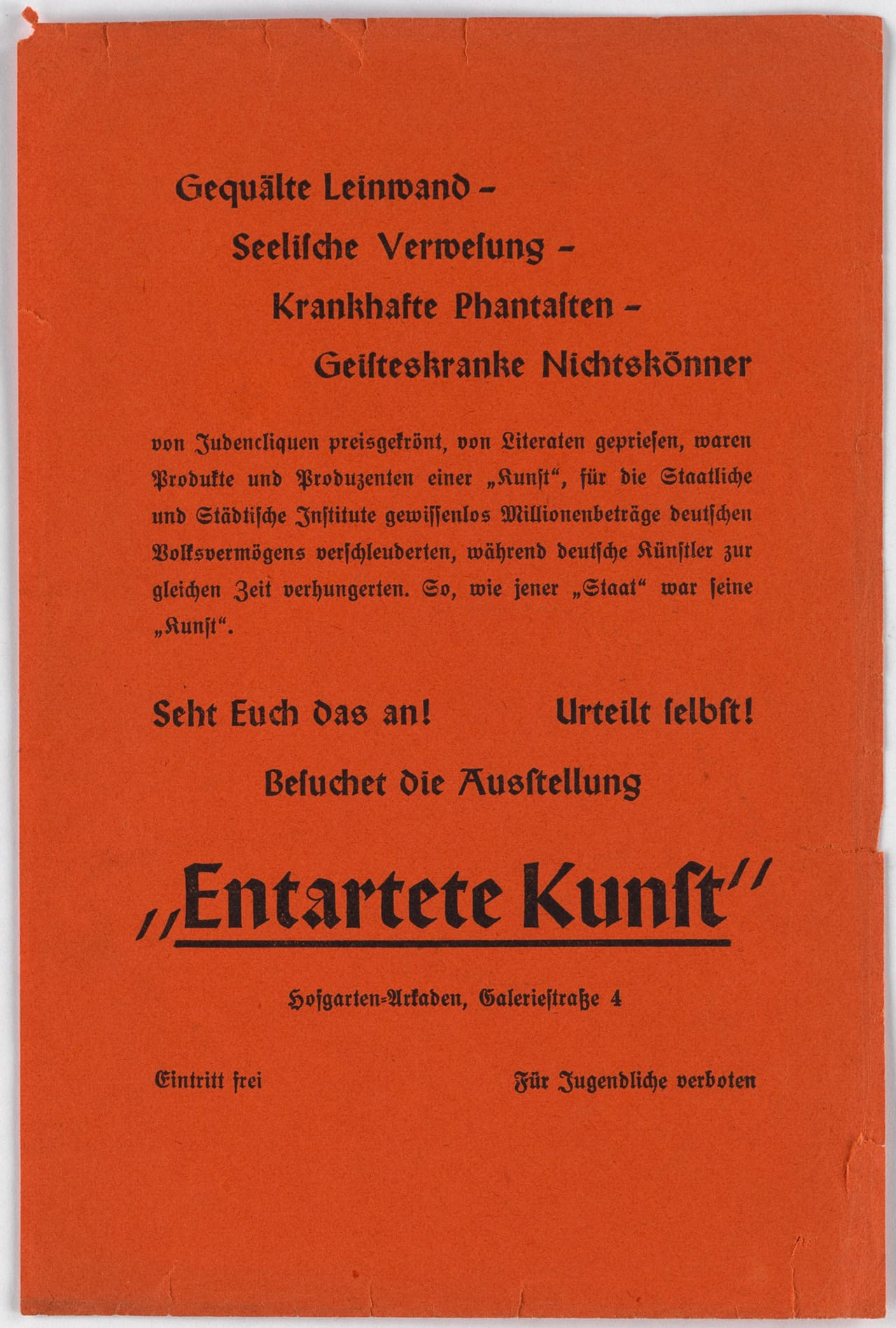 Original broadside promoting the Berlin 'Entarte Kunst' exhibition (courtesy Swann Auction Galleries) (click to enlarge)