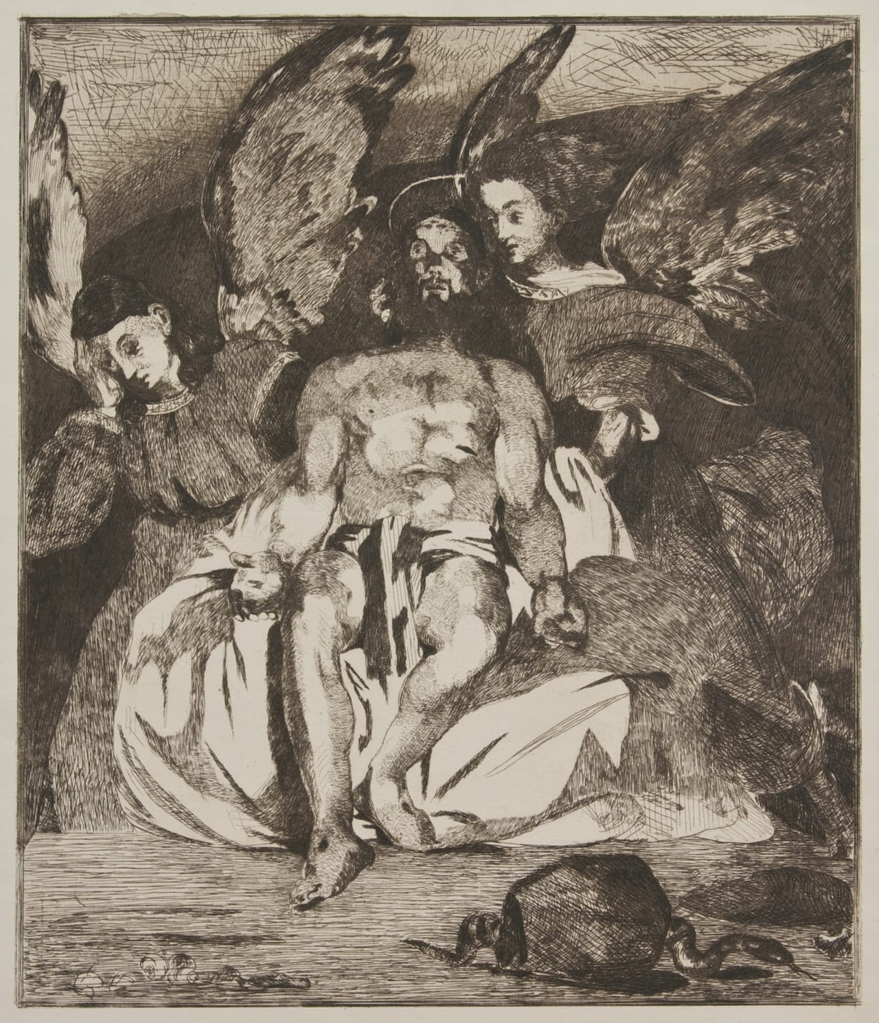 Édouard Manet Dead Christ with Angels, 1866–67 Etching and aquatint printed in brown ink on beige China paper Jansma Collection, Grand Rapids Art Museum, 2010.12