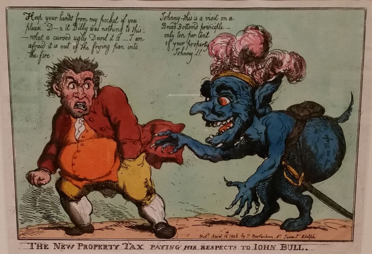 Thomas Rowlandson, "The New Property Tex paying his respects to John Bull" (1806), hand colored etching (all photos by the author for Hyperallergic)
